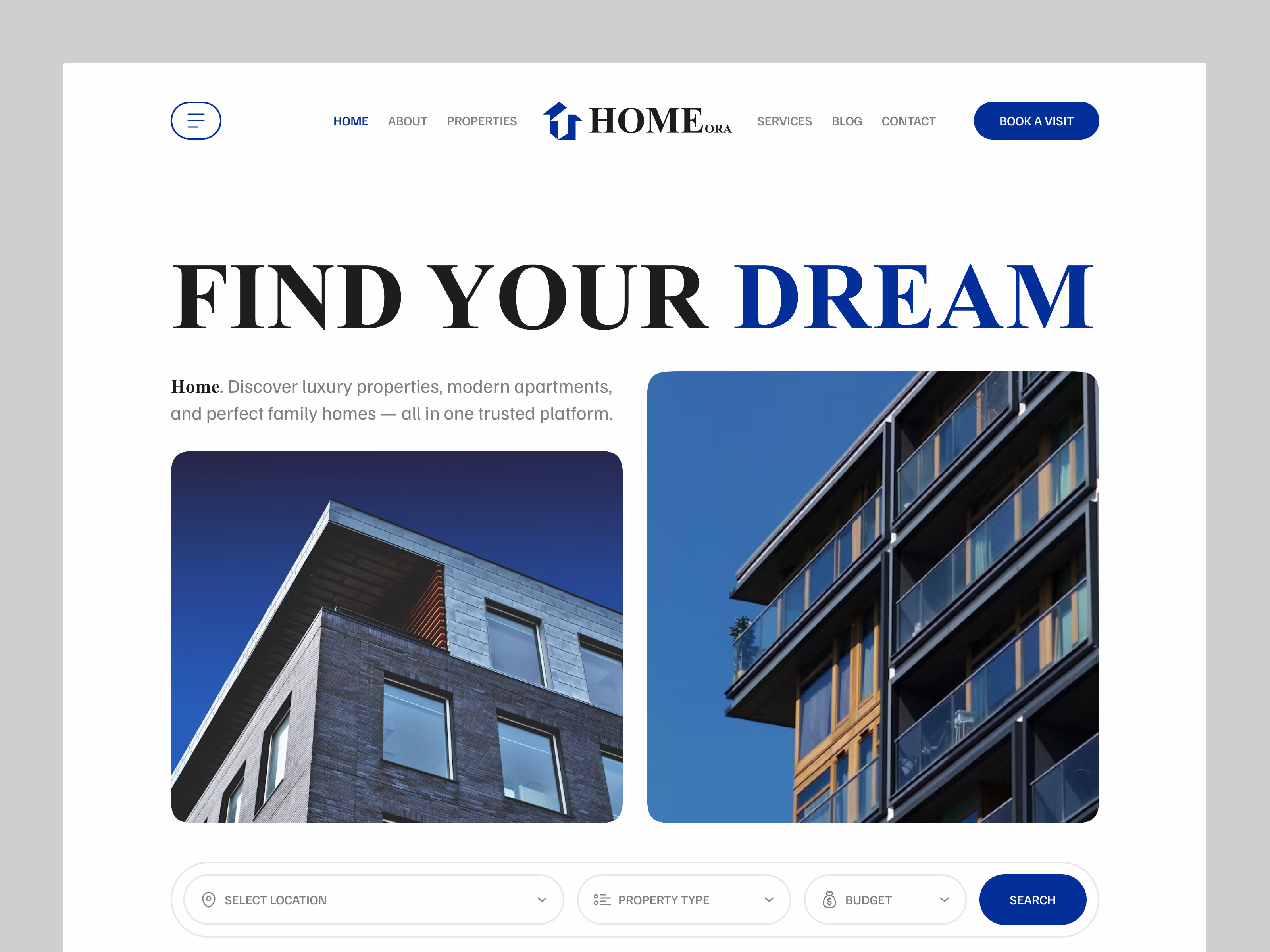 Homeora – Modern Real Estate Platform UI/UX Design buying property clean interface design portfolio dribbble shot home listing homeora landing page design modern ui property platform property search real estate real estate website renting platform responsive design selling property ui design inspiration uiux design ux case study web design