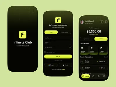 Infinyte Track & Invest App app app design design figma fintech grow your funds invest smart ios log in mobile mobile app money growth money track sign up smart investing track your portfolio ui ux wealth management