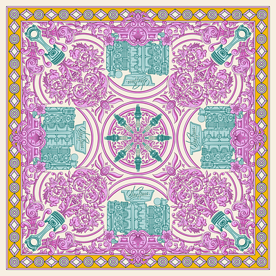 Sewrena - Chevy Corvair Scarf artisanal print bandana pattern elegant style fabric design fashion accessory design german craftsmanship hand drawn pattern heritage brand design heritage design luxury branding minimal illustration modern vintage navy palette procreate illustration scarf artwork soft tone swan motif timeless pattern vintage textile watercolor art