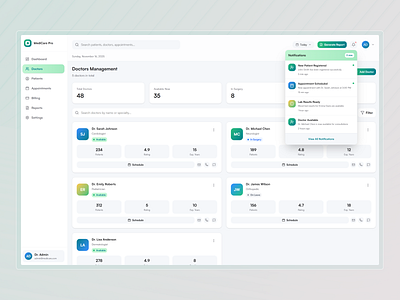 Hospital Management SaaS Dashboard UI | CRM Design - Doctors admin panel clean ui data visualization doctor schedule doctors management healthcare app healthcare platfiorm healthcare saas hospital dashboard hospital software idealrahi medical crm medical ui modern ui patient management product design responsive webapp saas design ux design web dashboard