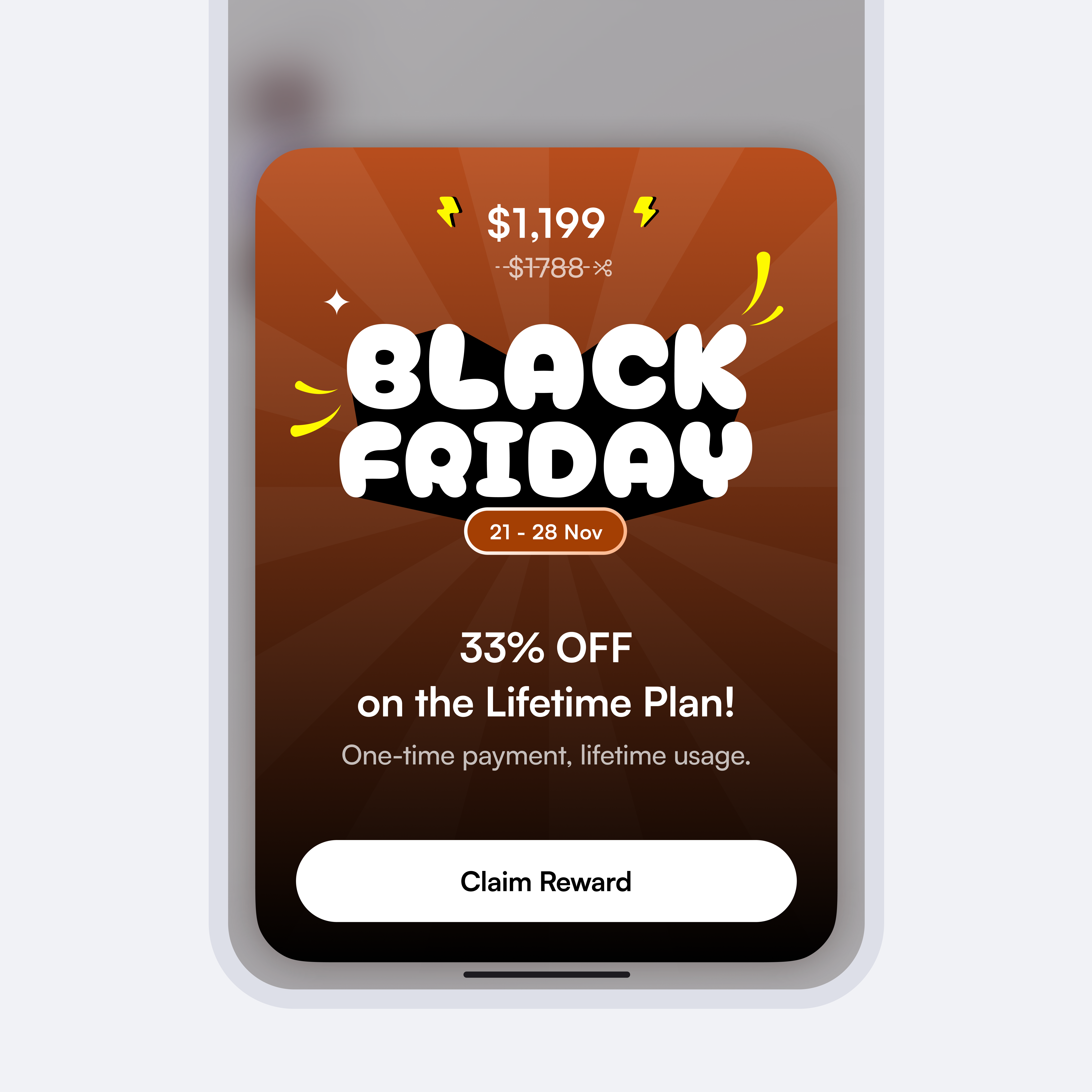 Unlocked a bold Black Friday promo UI for the lifetime plan. ⚡🖤 black friday bottom sheet design discount festival graphic design illustration modal offer product design ui ui design uiux user interface