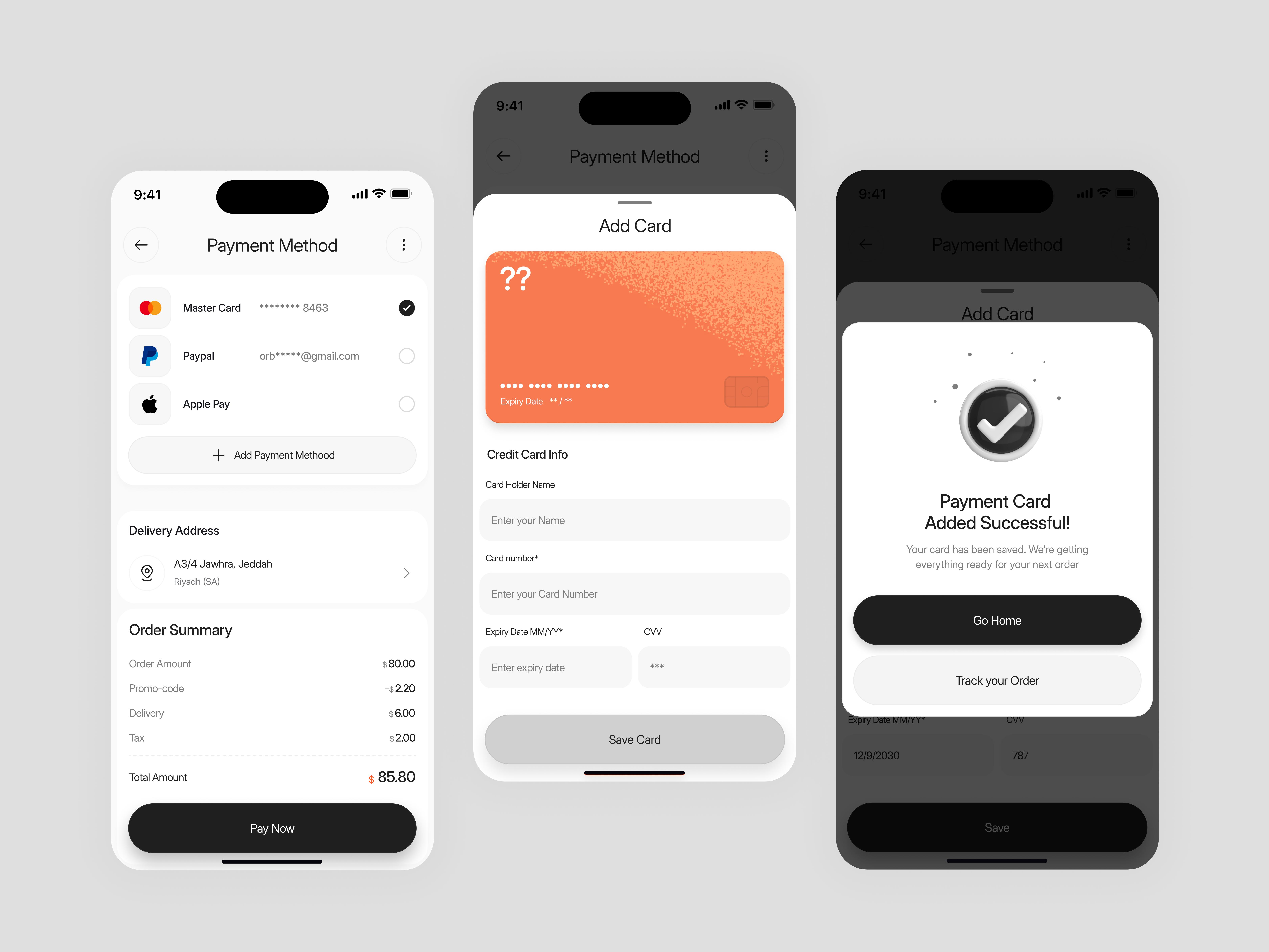 Delivery App – Payment Success Confirmation & Add Card UI Flow add card app app design checkout delivery app delivery mobile app digital wallet fintech app ios design mobile mobile app ui mobile payment screen payment payment method product design success screen ui design uiux ux design