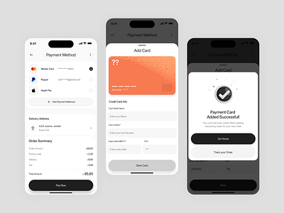 Delivery App – Payment Success Confirmation & Add Card UI Flow add card app app design checkout delivery app delivery mobile app digital wallet fintech app ios design mobile mobile app ui mobile payment screen payment payment method product design success screen ui design uiux ux design