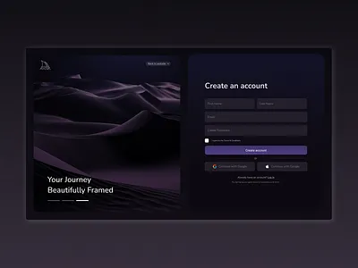 Create Account & Login Page-Dark Mode Authentication UI authentication ui creative ui dark theme figma interface design landing page login page minimal design modern ui onboarding product design signup page ui ui design user interface ux design visual design web app