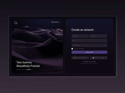 Create Account & Login Page-Dark Mode Authentication UI authentication ui creative ui dark theme figma interface design landing page login page minimal design modern ui onboarding product design signup page ui ui design user interface ux design visual design web app