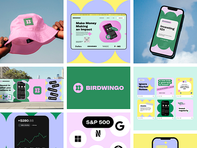 Birdwingo Visual Identity bento brand branding fintech gen z genz investing investment layout design logo pattern post social media social template startup stories