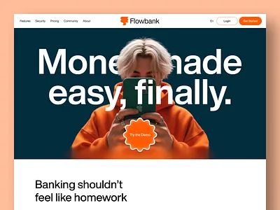 Flow Bank | Gen-Z banking Website UI aesthetic website ui banking site for gen z banking website banking website ui design fintech ui fintech website deisgn gen z website landing page genz banking landing page landing page ui landing pgae design product design punchy color ui ux warm tone landing page