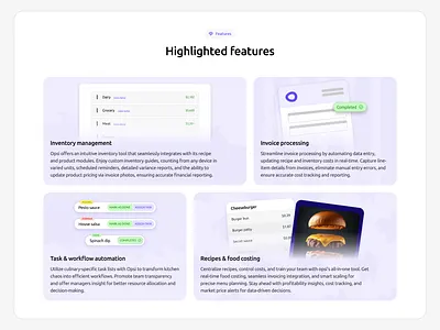 Features Section for Restaurant SaaS App benefits clean desing features illustration landing page motion graphics pos purple website restaurant saas ui website design