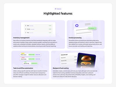 Features Section for Restaurant SaaS App benefits clean desing features illustration landing page motion graphics pos purple website restaurant saas ui website design