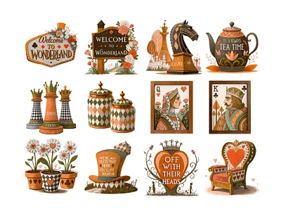 Wonderland Style Casino Party Website Illustrations alice in wonderland casino custom illustration illustration website illustration