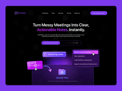 ClaritySync – AI Audio Cleanup & Meeting Notes Hero UI ai audio processing audio editor audio enhancement ui claritysync dark mode ui design exploration gradient ui hero section interface design landing page ui minimal ui modern saas neon ui product design saas design ui design uxui voice cleanup tool web design