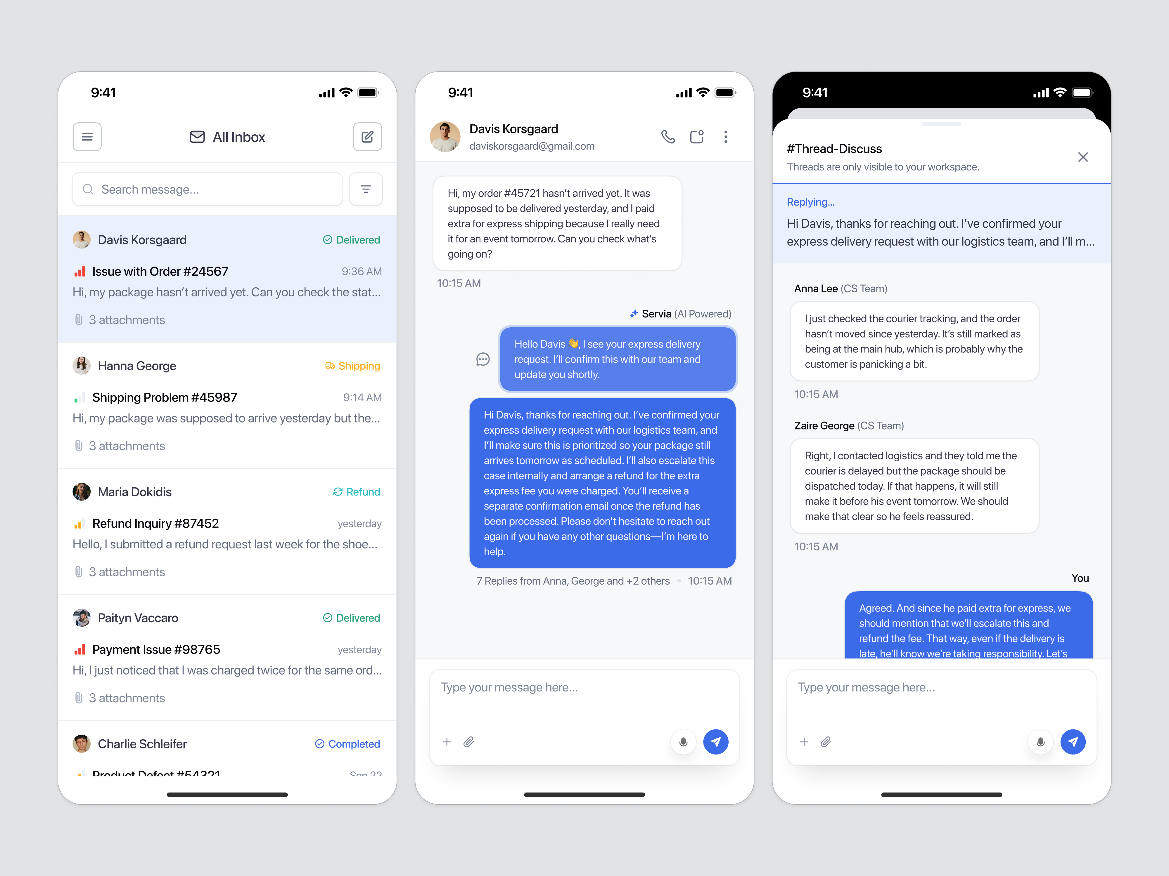 Example of Customer Support Dashboard: Inbox & Thread Collaboration