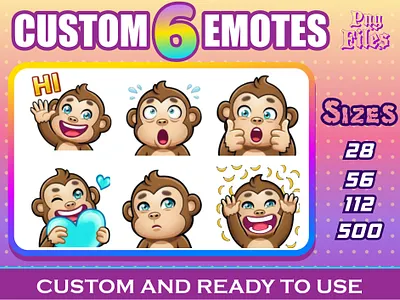 Monkey Emotes | Cute Monkey Twitch Emotes, Streaming Stickers animated emoji cartoon monkey character icons chat emoji cute animal emoji cute monkey emoji digital stickers discord emotes emoji pack expressive stickers funny emoj gamer emotes kawaii emotes kawaii monkey monkey emotes monkey illustration reaction emotes social media stickers streaming graphics twitch emotes