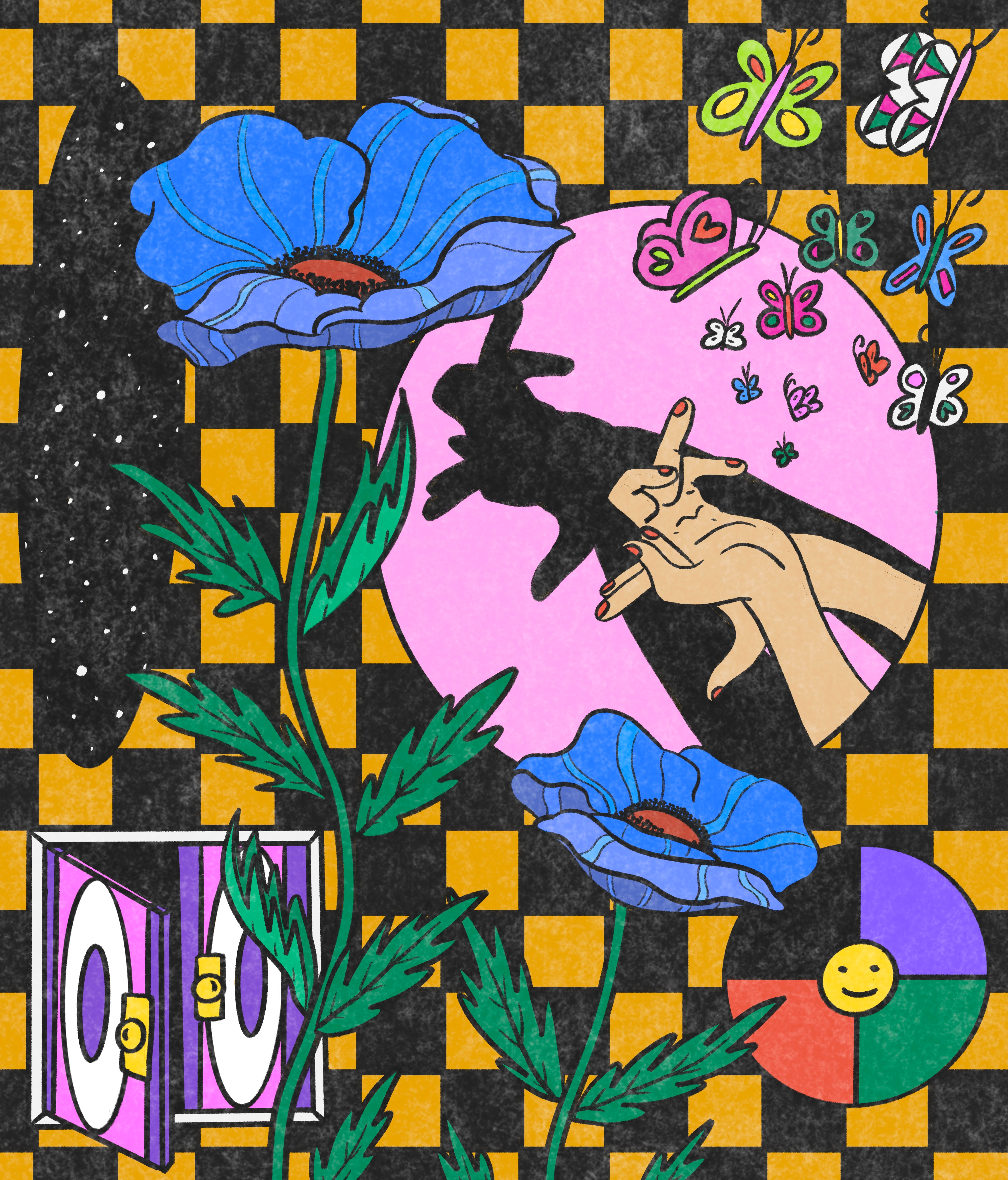 Enter the Void - personal illustration butterflies colorful flowers graphic design grid hands illustration traditional drawing