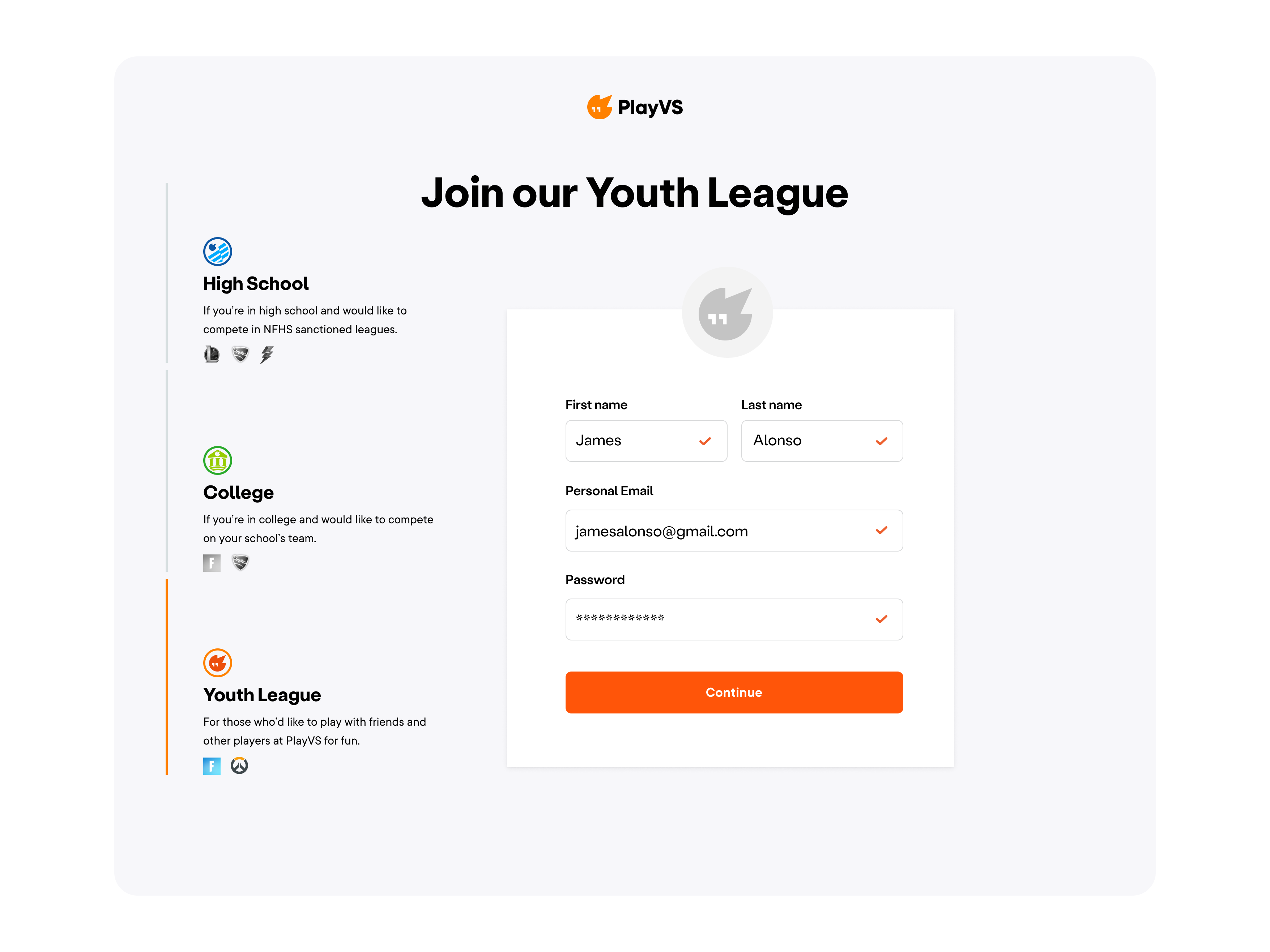 Onboarding app card clean desktop flat game join layout onboarding playvs register ui ux web website wizard