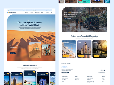 Discover page app booking cards clean destinations discover flat footer hotels layout top ui ux web
