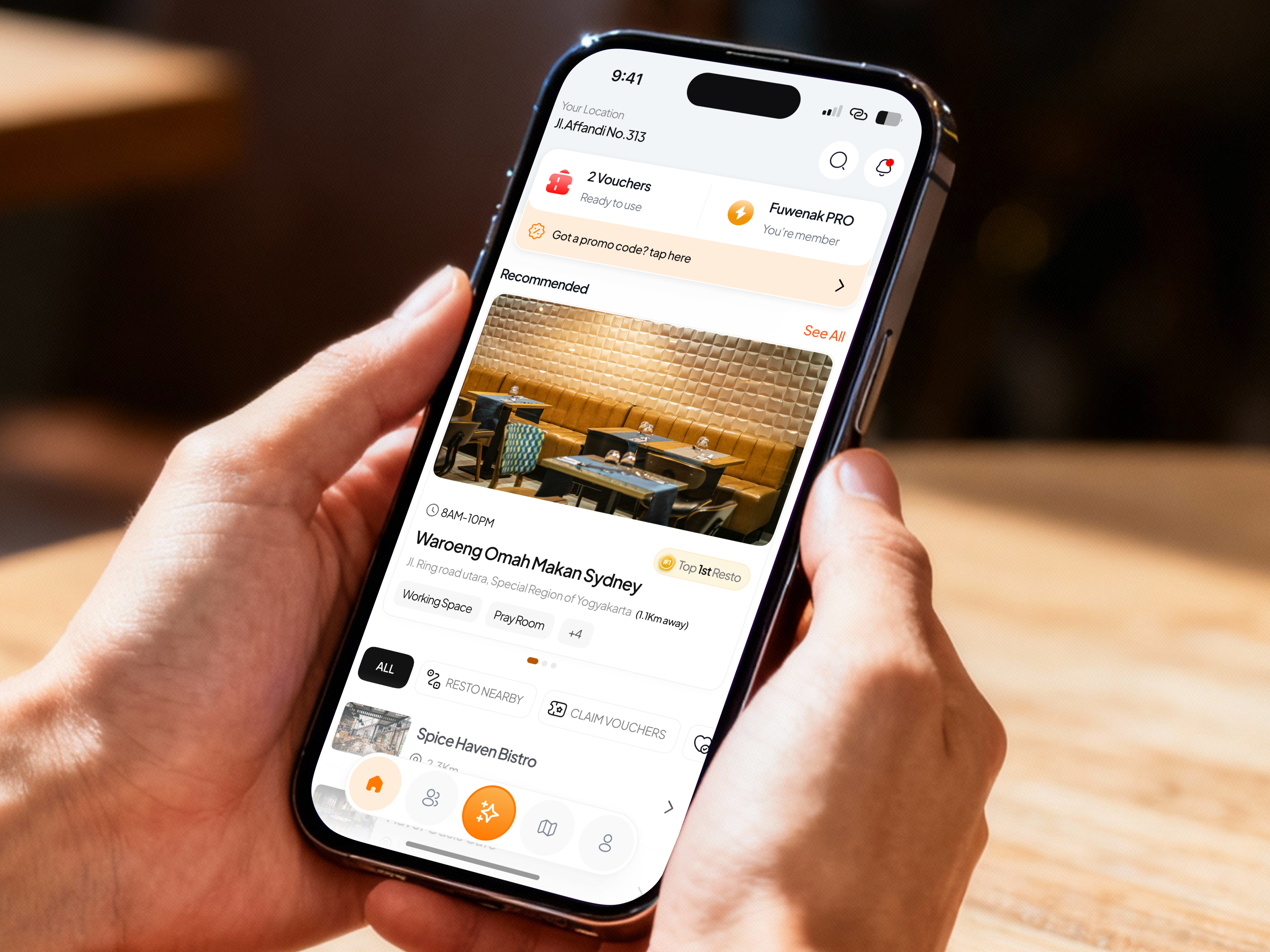 Fuenak.AI - Restaurant Finder ai chat clean design fast food finder finder ai food gps menu mobile app mockup modern order restaurant restaurant finder restaurant finder app ui