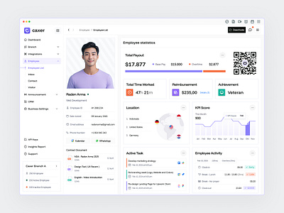 Employee Details Dashboard - Caxer admin analytics app chart clean dashboard dashboard ui employee employee details hr human resource minimal saas dashboard side menu simple table task ui uiux website