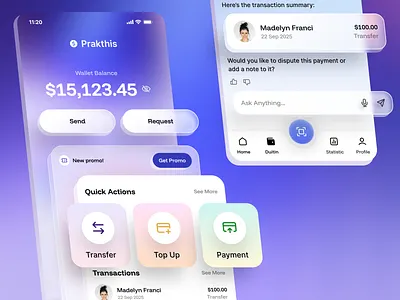 Prakthis e-wallet mobile app design bank blur clean dashboard design finance futuristic glass icons modern money product skeumorphism transfer typography ui ux wallet web