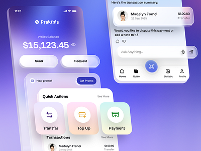 Prakthis e-wallet mobile app design bank blur clean dashboard design finance futuristic glass icons modern money product skeumorphism transfer typography ui ux wallet web