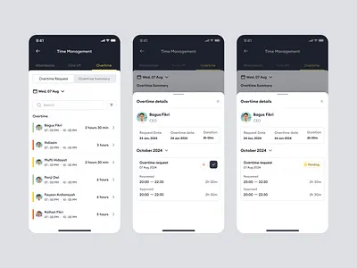 Tiimi – Overtime Request and Details in the Mobile HR System candidate employee hiring hr hr mobile app hrd hrm hrms human resources job product design recruitment saas saas design team management ui ux web app