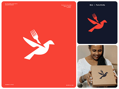 Bird with Fork, Knife Food Delivery Logo animal logo bird logo branding courier logo creative bird logo creative food logo delivery logo fly logo flying logo food delivery logo food logo logistics logo logo logo design logo for sale minimal