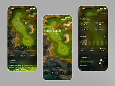 Golf Analytics Mobile App ai coach app interface clean design dark ui data visualization figma golf app golf stats gps map ui interaction design minimal ui mobile app modern ui performance tracking player dashboard product design sports analytics sports ui ui design ux design