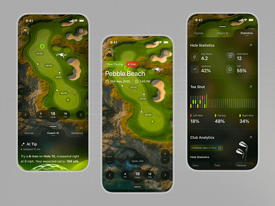 Golf Analytics Mobile App ai coach app interface clean design dark ui data visualization figma golf app golf stats gps map ui interaction design minimal ui mobile app modern ui performance tracking player dashboard product design sports analytics sports ui ui design ux design