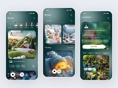 AI-Powered Social Feed UI 3d illustration ai generated app design clean interface creative app feed design frosty design minimal design mobile ui modern ui profile screen social app social media trending ui uiux