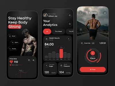 Workout & Analytics Fitness Tracker App UI activity tracker app design dark theme dashboards data visualization digital health fitness fitness analytics fitness app fitness tracker app fitness ui health app health tech health tracker health tracker app interaction design mobile app product design user interface workout app