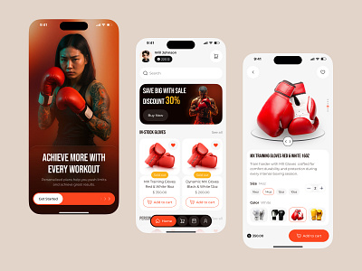 Boxing Gloves E-commerce App app boxing boxing app boxing gloves cart dribble e commerce e commerce app fightgear mobile mobile app online store product design shop shopping sport sports app