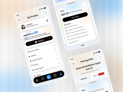 Idea Management Mobile app UI/UX account settings ai tools app app profile clean ui feature comparison ui mobile app ui mobile saas platform modern app design modern interface onboarding flow payment billing ui premium features pricing plan ui pricing table design profile screen saas app design subscription model design subscription page ui design upgrade ui