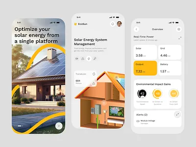 Solar Energy Mobile App – Track, Monitor & Optimize Your Power app appdesign cleanenergy dashboardu eco friendly ecoapp energy energymonitoring greentech ios management minimaldesign mobile app mobileappdesign monitoring renewableenergy smarthome solarapp solarenergy sustainability
