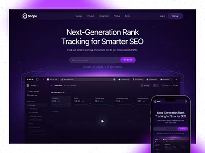 Scope Rank Tracking Software Website casestudy dark more darkui design project landingpage nextgen ranktracking responsive design saas software design technology ui uiuxdesign webdesign website