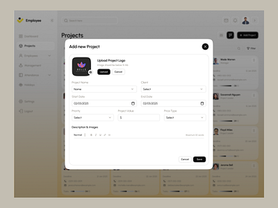 Add New Project Modal UI add new dashboard design system erp form ui modal musa pop up product design saas uiux webapp