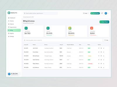 Hospital Management SaaS Dashboard UI | CRM Design - Billing admin dashboard billing system design crm design data table ui figma ui healtcare crm healthcare dashboard hospital billing dashboard hospital management saas idealrahi medical admin panel medical invoice ui payment tracking product design revenue dashboard saas design ui ux design