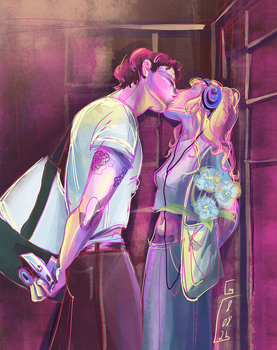 First kiss digital illustration girl and boy illustration kiss pink procreate romantic