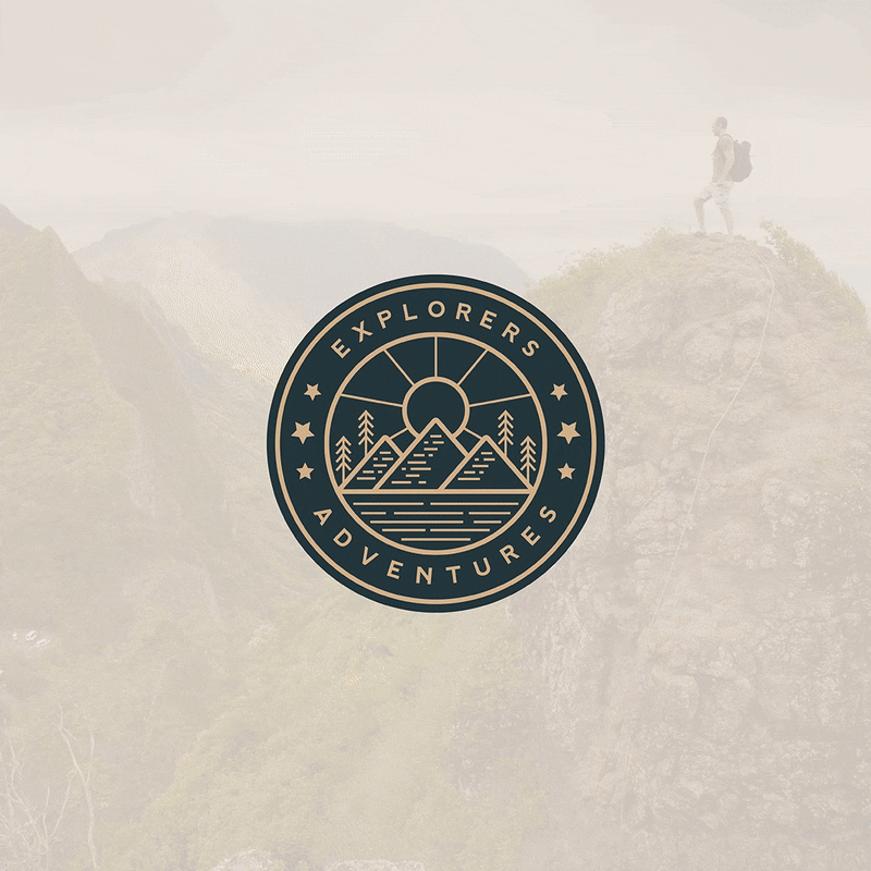 Explorers Adventures – Circular Line Art Logo with Sun, Mountain adventure brand identity branding design design logo graphic design icon illustration line line art logo logo design logos logotype mountain sun timeless tree ui