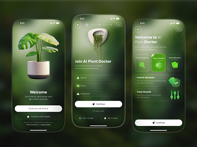 AI Plant Care Mobile App ai plant app ai plant care app app design daily ui gardening app indoor plant login page mobile app plant app plant care plant diagnosis plant shop plant store plant tracker planting ui welcome page