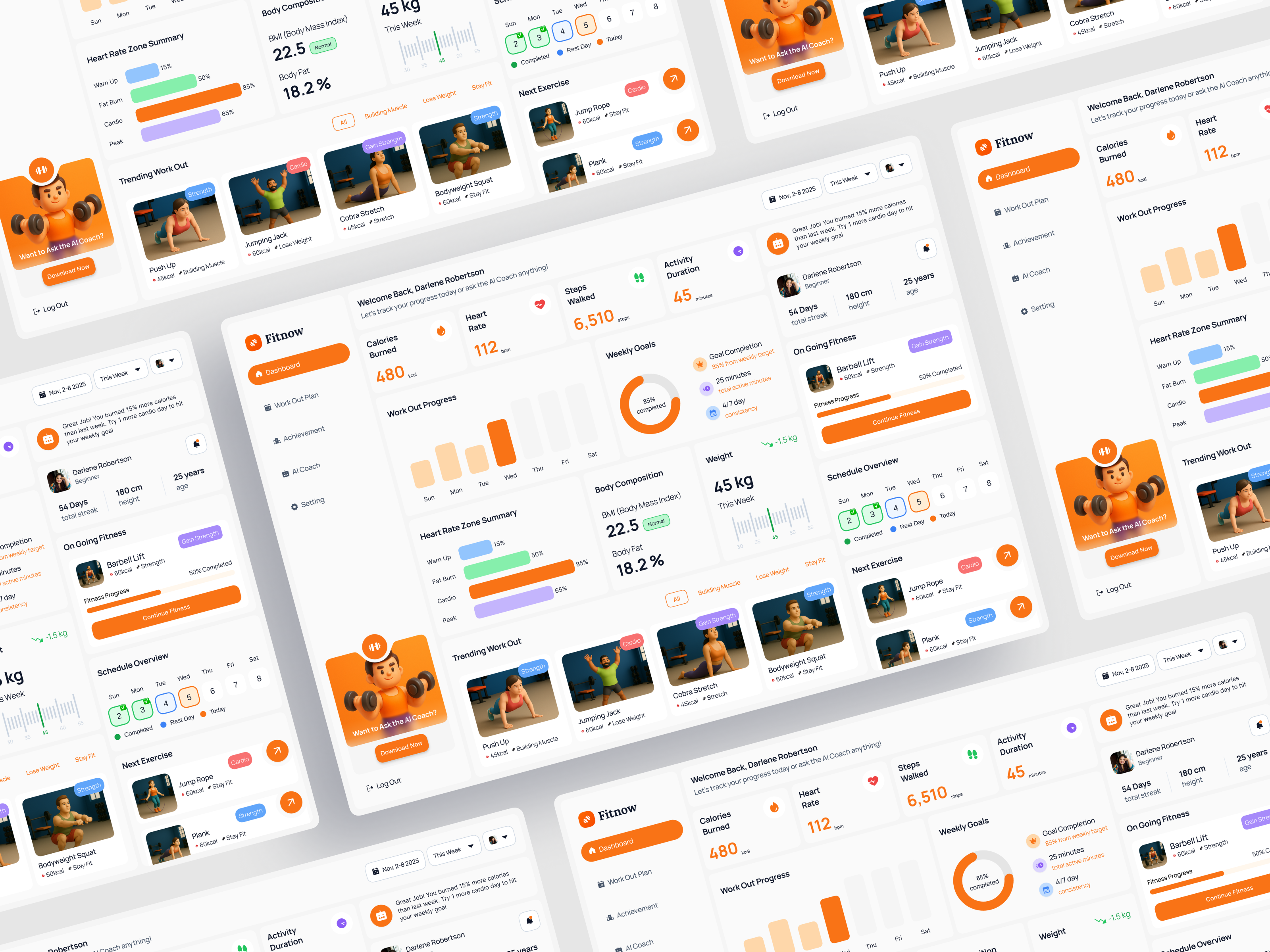 OrangiFit - Fitness Dashboard powered by an AI Coach. 3d animation dashboard design figma fitness gym homepage motion graphics saas ui uidesign uiux