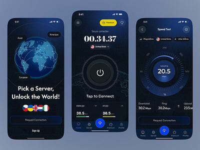 VPN Mobile App UI Design app design app interfaces home screen location app mobile mobile app mobile app design network security proton vpn app security app speed test uiux design vpn vpn app vpn connection vpn mobile app