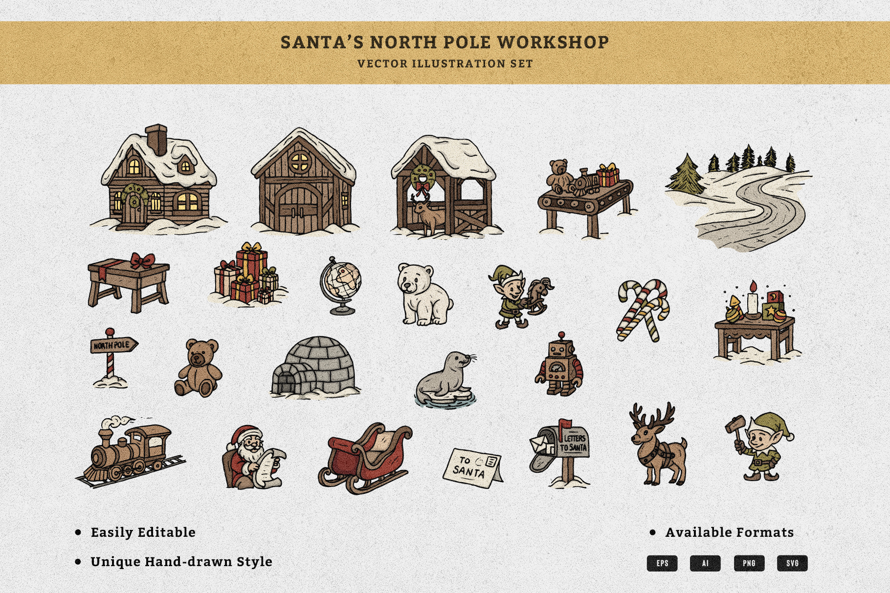 Santa’s North Pole Workshop Vector Set christmas christmas set clipart elf gifts handdrawn holiday holiday vector illustration reindeer santa santa clipart snow toy workshop toys vector vintage winter winter animals workshop