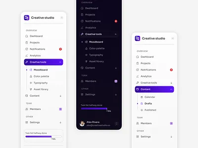 Navigation bar light/dark mode app dashboard design layo product ui ux