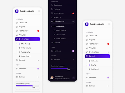 Navigation bar light/dark mode app dashboard design layo product ui ux