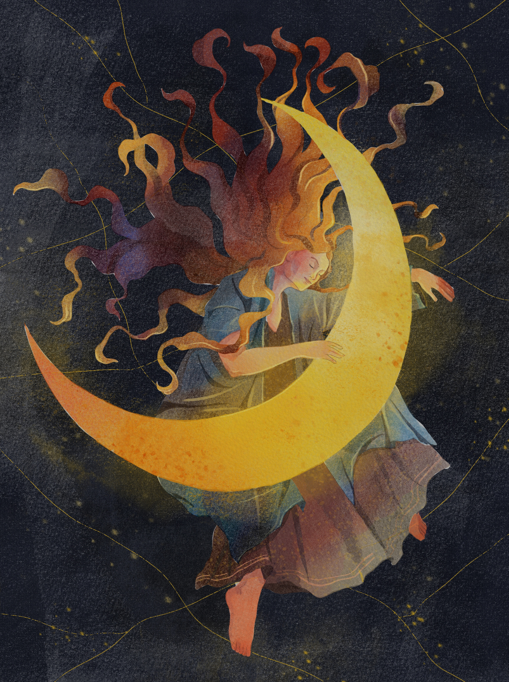 a moonlit night cartoon digital painting fairytale illustration infinitepainter light moon mystic night retro star style texture vintage watercolor witch woman