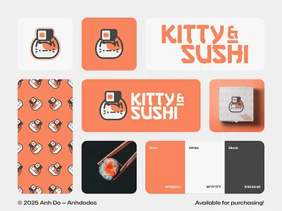 Kitty and sushi logo design for sale anhdodes branding cat design icon japanese kitty logo logo design logomark maki presentation restaurant salmon seafood sushi symbol ui