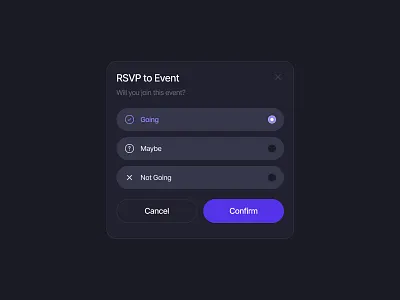 RSVP Modal UI — Dark Mode Interaction appdesign components darkmode interaction modal popup productdesign ui uidesign userinterface