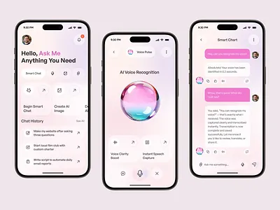 AI Voice Assistant Mobile App ai ai app ai assistant app design chat app chat ui ios design mobile mobile app productivity app smart assistant ui design voice app voice recognition voice to text