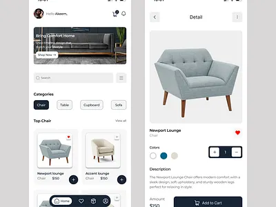 Furniture Store App – Home & Product Detail Screens illustration ui ui design uix design