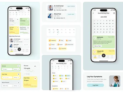 Health Monitoring & Medical Dashboard App UI Design accessibility design data visualization digital health fitness tracker health app health dashboard health monitoring healthcare design healthcare ux healthtech medical app medication reminder mobile app design mobile ui patient portal preventive care product design telemedicine ux ui design wellness tracker